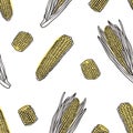Doodle seamless pattern with corn. Hand drawn stylish fruit and vegetable. Vector artistic drawing fresh organic food. Summer Royalty Free Stock Photo