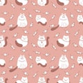 Doodle seamless pattern with fat white cats and mice. Perfect for T-shirt, textile and print. Hand drawn illustration Royalty Free Stock Photo