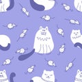 Doodle seamless pattern with fat white cats and mice. Perfect for T-shirt, textile and print. Hand drawn vector illustration Royalty Free Stock Photo