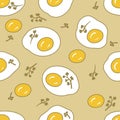 Doodle seamless pattern with fried eggs and parsley greens. Simple food print for T-shirt, fabric, textile. Hand drawn vector Royalty Free Stock Photo