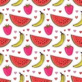 Doodle seamless pattern with fruits. Banana, strawberry and watermelon vector background. Wrapping paper or textile