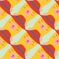 Doodle seamless pattern with hand drawn yellow bear heads in red panamas. Light background