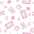 Doodle seamless pattern with hearts and envelops