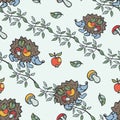 Doodle seamless pattern.Hedgehog,mushrooms, apples,branches