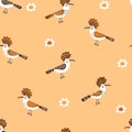 Doodle seamless pattern with hoopoe birds and flowers. Perfect for T-shirt, textile and print. Hand drawn vector illustration Royalty Free Stock Photo