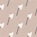 Doodle seamless pattern with medieval viking ax silhouettes. Beige background with dots. White hatchets with wood handle