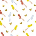 Doodle seamless pattern of multicolored mushrooms and grass.
