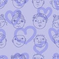 Doodle seamless pattern with peoples faces and hearts. Perfect for T-shirt, textile and print. Hand drawn vector illustration