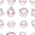 Doodle seamless pattern with peoples faces. Perfect for T-shirt, textile and print. Hand drawn vector illustration