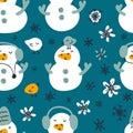 Doodle seamless pattern with snowmen, snowflakes and birds. Winter print for tee, paper, fabric, textile. Hand drawn vector