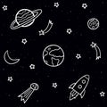 Doodle seamless pattern with space elements. Stars, planets, comet, moon, rocket, shooting stars on the dark night background. Royalty Free Stock Photo