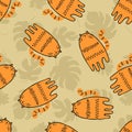 Doodle seamless pattern with tigers and tropical monstera leaves. Perfect for T-shirt, textile and prints. Hand drawn Royalty Free Stock Photo