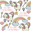 Doodle seamless pattern with unicorns and other fantasy magical