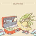 Doodle Seamless Pattern Vacation, Holidays Theme. Suitcase, Travel Stuff, Beach Hat, Palm Leaf, Luggage, Summer Sandals Royalty Free Stock Photo