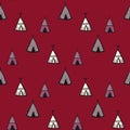 Doodle seamless pattern with wig wam ornament. Maroon background. Tribal stylized artwork