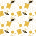 Doodle seamless pattern with yellow bee, beehive, honeyspoon silhouettes. White background with honeycombs