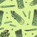 Doodle seamless patternwith asparagus and celery. Hand drawn stylish fruit and vegetable. Vector artistic drawing fresh organic