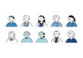 Doodle set of avatar medical team, hospital staff, hand-drawn icon style, character design, vector illustration