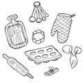 Doodle set of bake ware - baking cups, equipment, dish, bowl, tin, cake plate, muffin, gateau, hand-drawn. Vector sketch