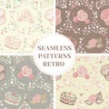 Doodle set. Cakes seamless pattern. Vintage cakes with cherry, sweet elements background for menu, cafe shop. Hand drawn re Royalty Free Stock Photo