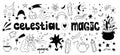 Doodle set of celestial elements isolated on white background. Magical mystical objects and words for clipart, stickers, prints. Royalty Free Stock Photo
