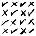 Doodle set of check mark and wrong mark with circle. false and true Royalty Free Stock Photo