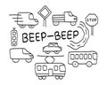 Doodle Set of City Transport. Side view. Public and private. Road, signs and traffic light. Truck and car. Bus and tram. Royalty Free Stock Photo