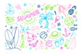 Doodle set of colored summer icons. Hand drawn doodle style. Sun, palm tree, fruit, summer clothes, hat, ice cream,. Royalty Free Stock Photo