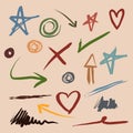 Doodle set of colorful hand drawn star, heart, arrows, scribble, underline. Infographic elements isolated on background Royalty Free Stock Photo