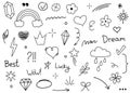 Doodle cute line elements. Doodle heart, arrow, star, decoration symbol set icon.