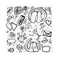 Doodle set with cute love symbols. Vector illustration. Royalty Free Stock Photo