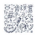 Doodle set with cute love symbols. Vector illustration. Royalty Free Stock Photo