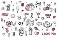 Doodle set with cute love symbols. Vector illustration.