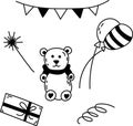 Doodle set of elements for birthday party. Hand-drawn vector illustration with teddy bear, balloons, party flags Royalty Free Stock Photo