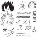 Doodle set elements, black on white background. Arrow, heart, love, star, leaf, sun ,light, check marks,Swishes, swoops, emphasis Royalty Free Stock Photo