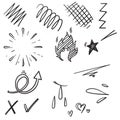 Doodle set elements, black on white background. Arrow, heart, love, star, leaf, sun ,light, check marks,Swishes, swoops, emphasis Royalty Free Stock Photo