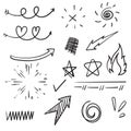 Doodle set elements, black on white background. Arrow, heart, love, star, leaf, sun ,light, check marks,Swishes, swoops, emphasis Royalty Free Stock Photo