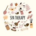 Doodle set of hand drawn spa elements with typography for aroma therapy , body care, beauty salon, wellness center.