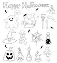 Doodle set Happy Halloween. Jack pumpkin, ghost, skull and crossbones, grave and cobweb, fly agaric, witch hat and Royalty Free Stock Photo