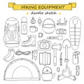 Doodle set of hiking and camping equipment. Tourism icons