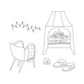 Doodle set Hygge Winter. Linear cozy armchair, Ugg boots, Fireplace, burning candle and garland of lanterns. Winter-time