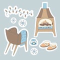 Doodle set Hygge Winter. Linear cozy armchair, Ugg boots, Fireplace, burning candle and garland of lanterns. Vector