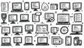 Doodle set includes computers, laptops, tablets, and documents. Various devices show code or text. Icons represent programming, Royalty Free Stock Photo