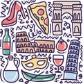 doodle set of italy holidays hand drawing