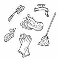 Doodle set of items for cleaning - mop, brushes, detergents, bucket, scoop, rubber gloves, soap, sponges, paper towels. Work Royalty Free Stock Photo