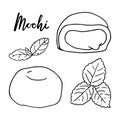 Doodle set of Japanese sweets. Hand drawn sketch of traditional desserts. Vector illustration on white background.