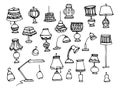 Doodle lamp set. Vector set of home lamps, floor lamps, chandeliers, and table lamps with a pattern with lines and dots drawn in