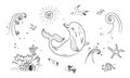 Doodle set of marine elements: dolphin, seagull, starfish, waves, sun, shell, corals and fish. Royalty Free Stock Photo