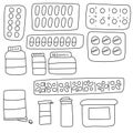 Doodle set of medicines in blisters and jars, with and without dispenser, capsules and tablets
