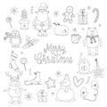 Doodle set of merry christmas and happy new year objects. Christmas coloring page.